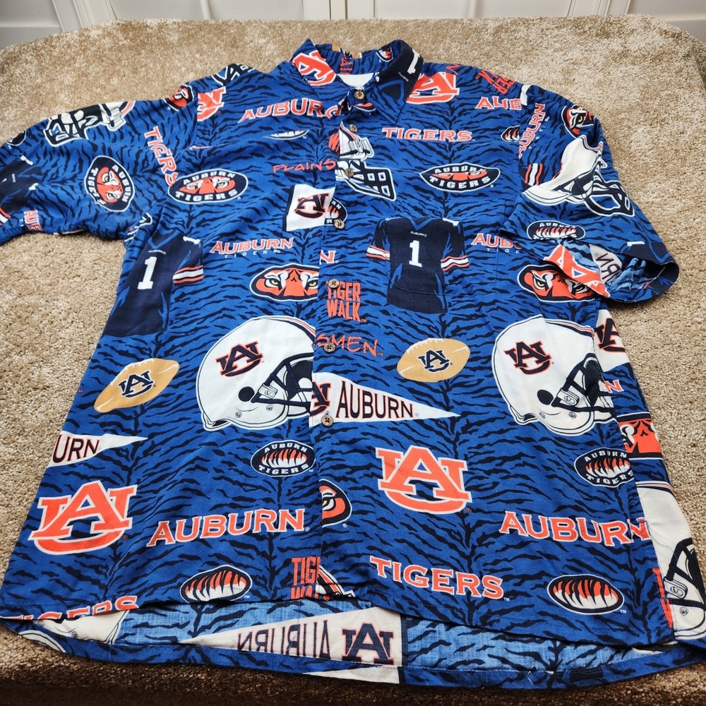 Reyn Spooner Auburn Tigers‎ Mens Large Blue Rayon Hawaiian Shirt All Over Print